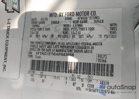 2010 Ford Ranger Xl/Xlt z USA, uszkodzony, nr VIN 1FTKR1ED5APA63958